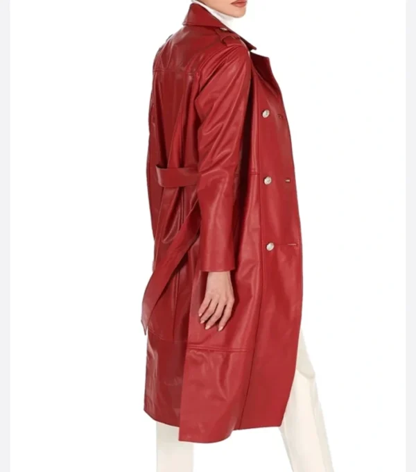 Red Double Breasted Leather Trench Coat Side Look