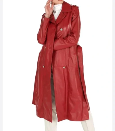 Red Double Breasted Leather Trench Coat on Sale