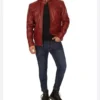 Red Stylish Cafe Racer Leather Jacket Front