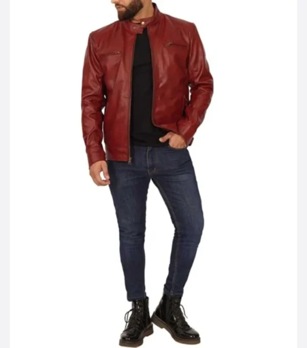 Red Stylish Cafe Racer Leather Jacket Front