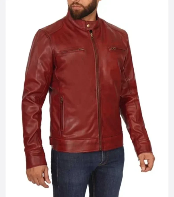 Red Stylish Cafe Racer Leather Jacket Side Look