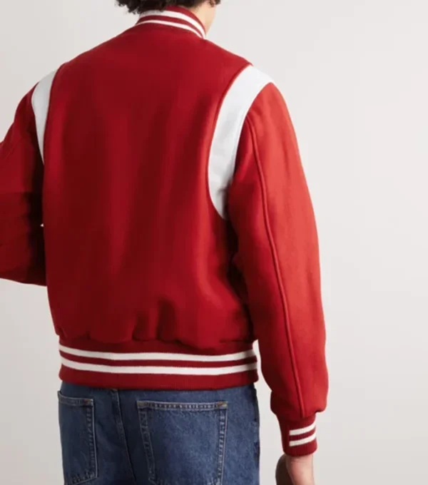 Red Varsity Wool Jacket with White Stripes Back Look