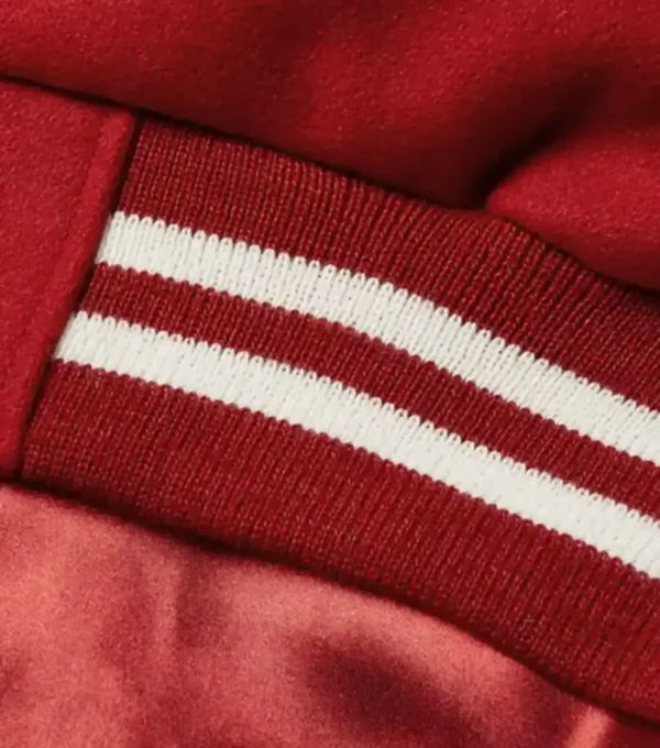 Red Varsity Wool Jacket with White Stripes CLoser Look