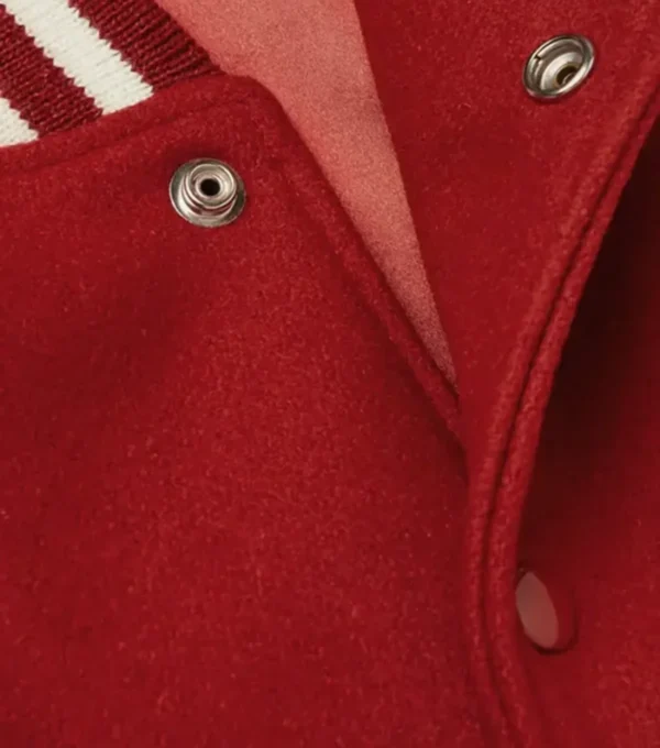 Red Varsity Wool Jacket with White Stripes Closer