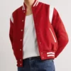 Red Varsity Wool Jacket with White Stripes Front