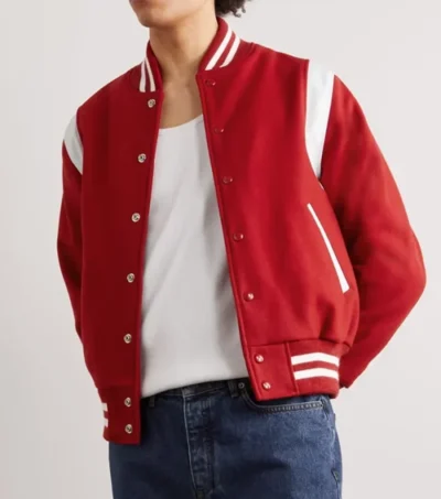 Red Varsity Wool Jacket with White Stripes Front
