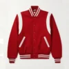 Red Varsity Wool Jacket with White Stripes Look