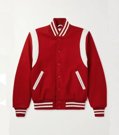 Red Varsity Wool Jacket with White Stripes Look