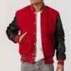 Red Wool Varsity Jacket with Black Sleeves