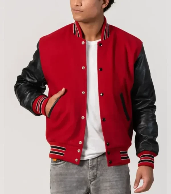 Red Wool Varsity Jacket with Black Sleeves