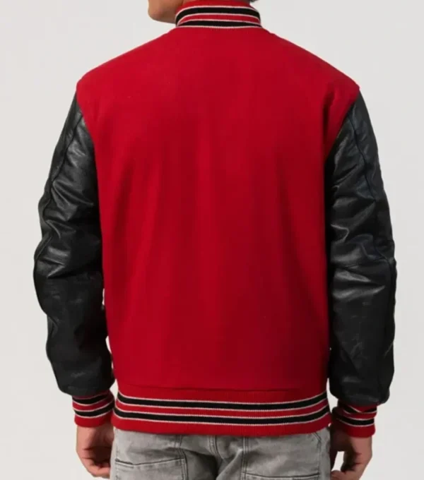 Red Wool Varsity Jacket with Black Sleeves Back