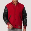 Red Wool Varsity Jacket with Black Sleeves Front
