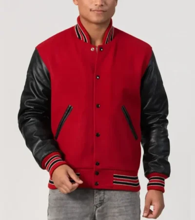 Red Wool Varsity Jacket with Black Sleeves Front