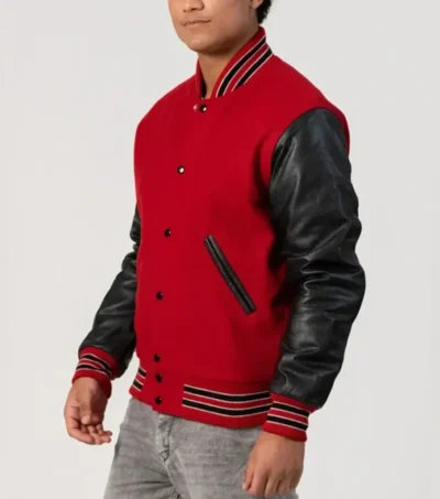 Red Wool Varsity Jacket with Black Sleeves Side Look