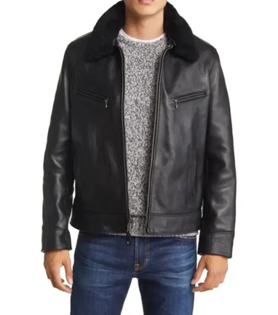 Simple Black Leather Jacket with Fur Collar