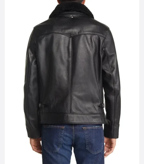 Simple Black Leather Jacket with Fur Collar Back