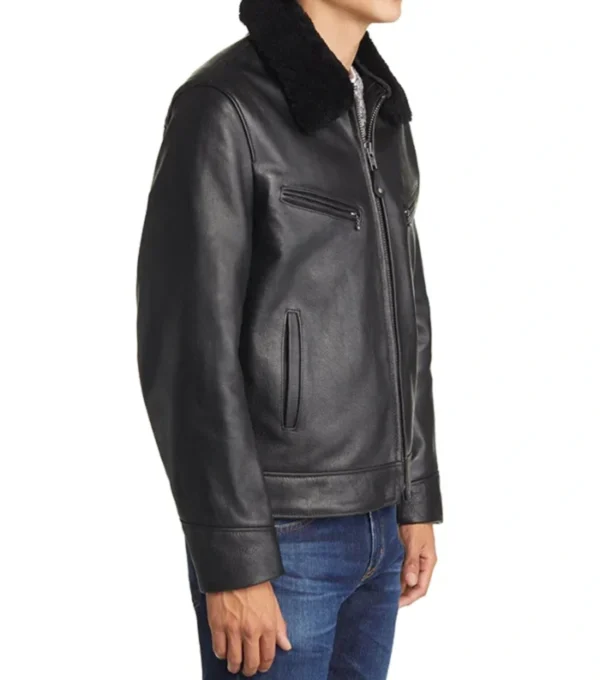 Simple Black Leather Jacket with Fur Collar Side Look