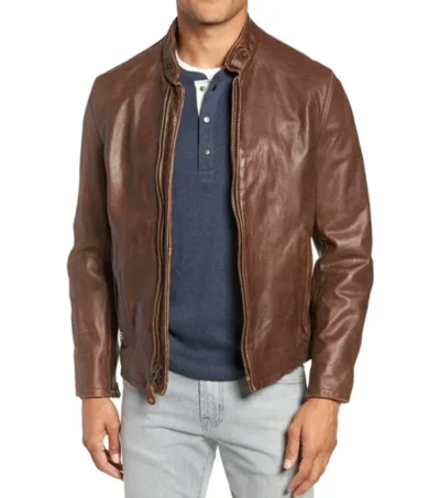 Simple Brown Leather Cafe Racer Jacket for Men