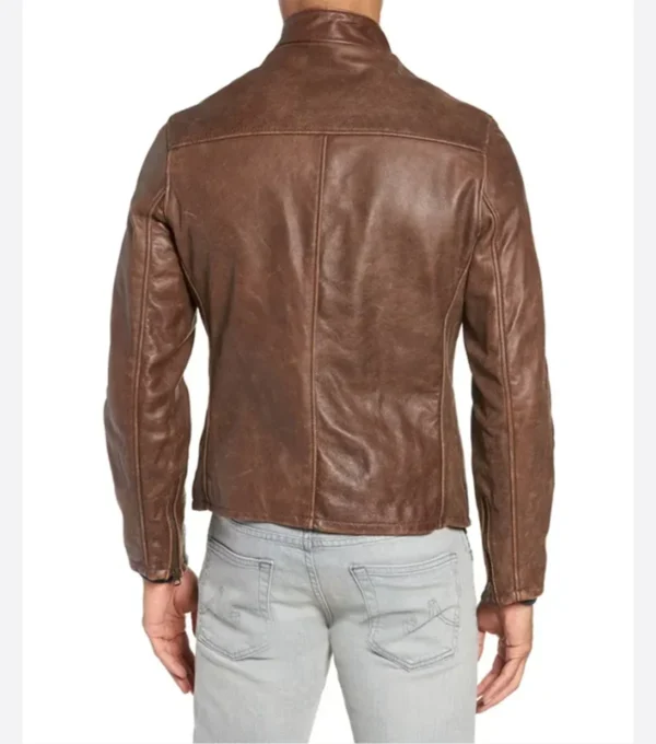 Simple Brown Leather Cafe Racer Jacket for Men Back