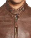 Simple Brown Leather Cafe Racer Jacket for Men Closer