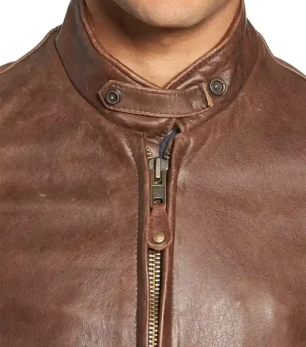 Simple Brown Leather Cafe Racer Jacket for Men Closer