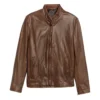 Simple Brown Leather Cafe Racer Jacket for Men Front