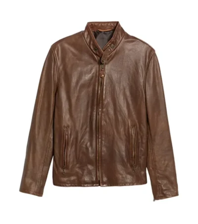 Simple Brown Leather Cafe Racer Jacket for Men Front