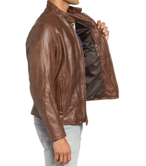 Simple Brown Leather Cafe Racer Jacket for Men Side Look