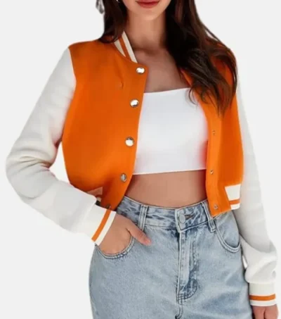 Solvanna Orange Wool Varsity with White Sleeves Jacket Front