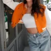 Solvanna Orange Wool Varsity with White Sleeves Jacket Look