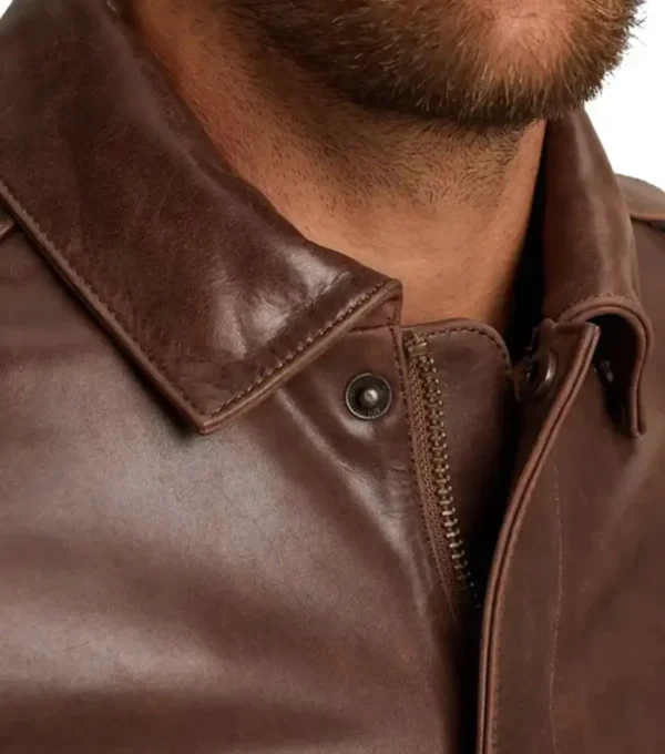 Stylish Brown Bomber Leather Jacket Collar