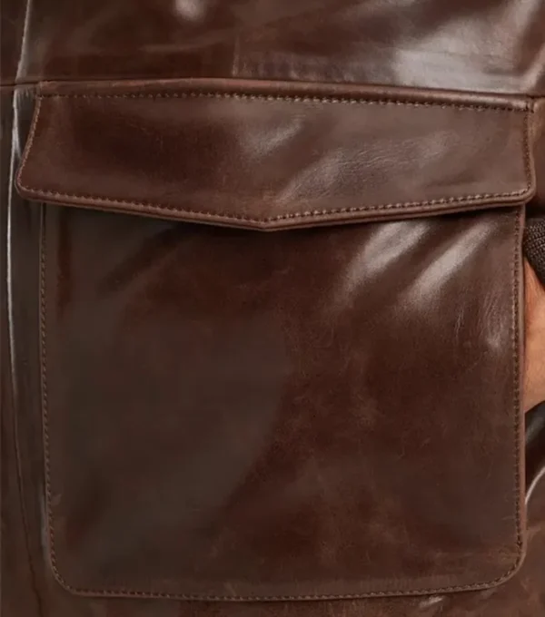 Stylish Brown Bomber Leather Jacket Pocket Pic