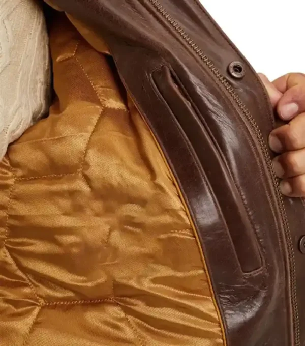 Stylish Brown Bomber Leather Jacket Pocket Pic
