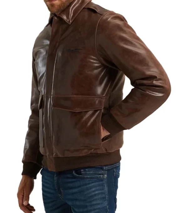 Stylish Brown Bomber Leather Jacket Side Look