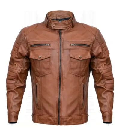 Stylish Brown Leather Biker Jacket Front
