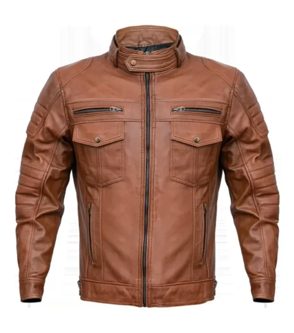 Stylish Brown Leather Biker Jacket Front
