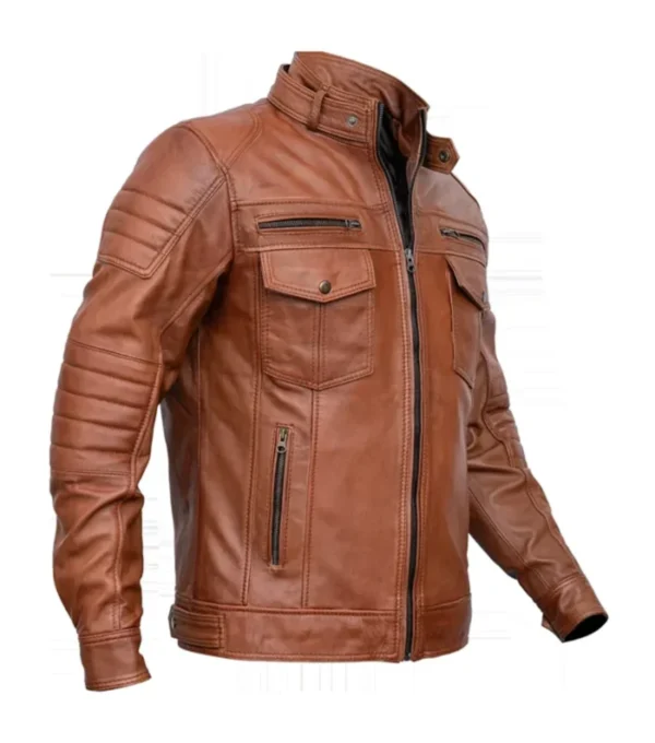 Stylish Brown Leather Biker Jacket Side Look