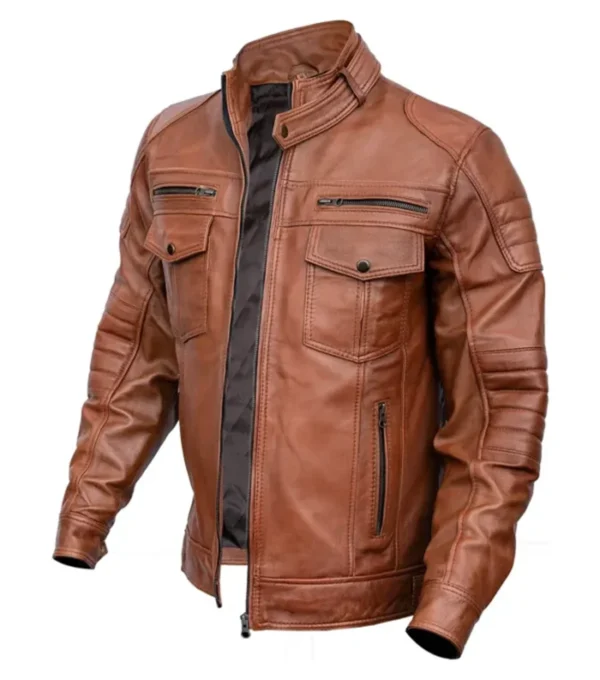 Stylish Brown Leather Biker Jacket on Sale