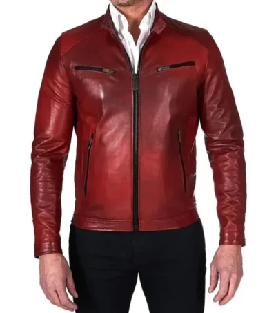 Stylish Red Leather Cafe Racer Jacket