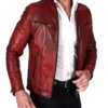 Stylish Red Leather Cafe Racer Jacket Side Look