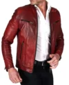 Stylish Red Leather Cafe Racer Jacket Side Look