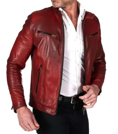 Stylish Red Leather Cafe Racer Jacket Side Look