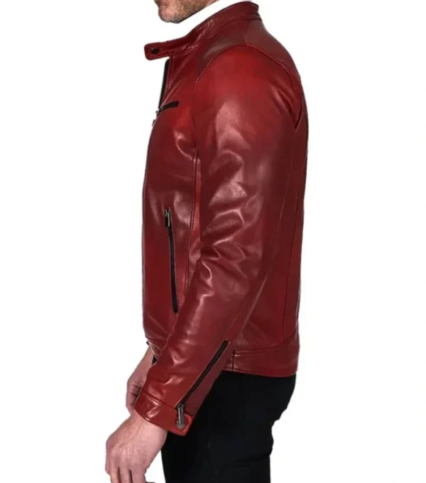 Stylish Red Leather Cafe Racer Jacket on Sale