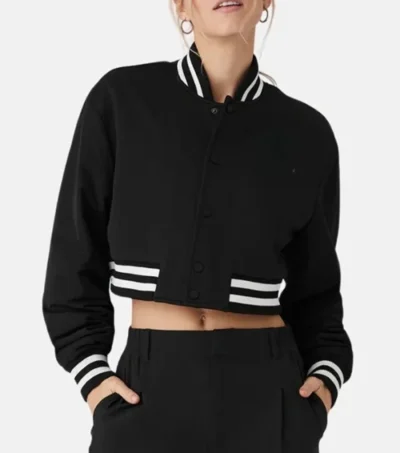 Talvera Cropped Black Wool Snap Varsity Jacket