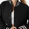 Talvera Cropped Black Wool Snap Varsity Jacket Closer