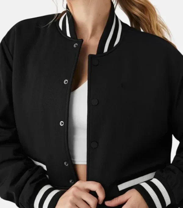 Talvera Cropped Black Wool Snap Varsity Jacket Closer