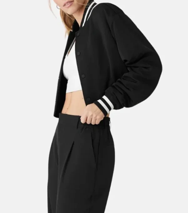 Talvera Cropped Black Wool Snap Varsity Jacket Side Look
