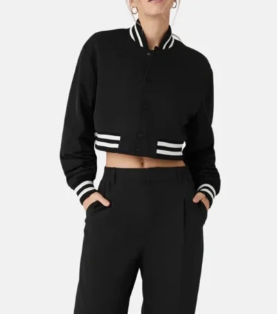 Talvera Cropped Black Wool Snap Varsity Jacket on Sale