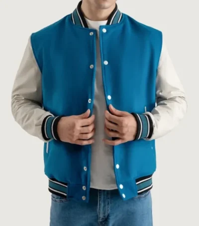 Tarell Blue and White Wool Snap Varsity Jacket