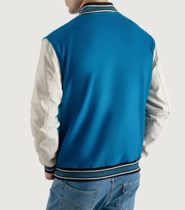 Tarell Blue and White Wool Snap Varsity Jacket Back